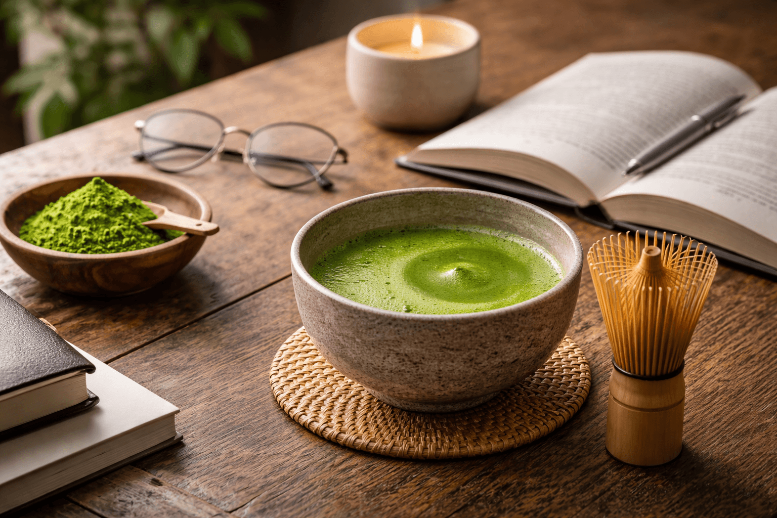 テーブルの上の抹茶/作業・読書の風景