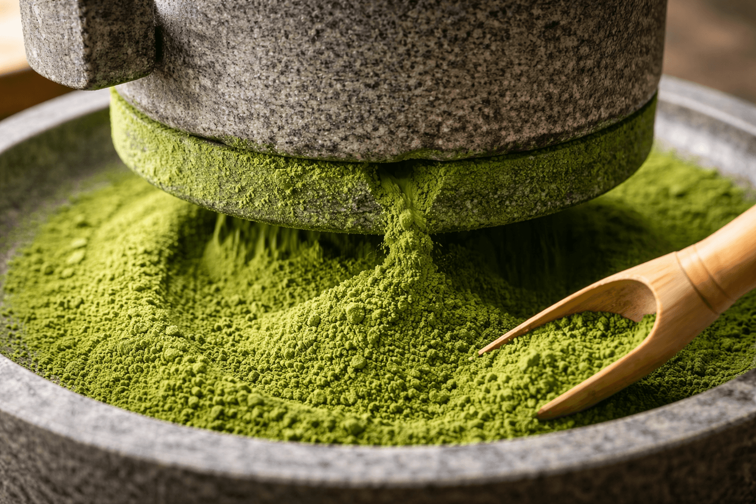 石臼で挽かれる碾茶/抹茶の粉のクローズアップ